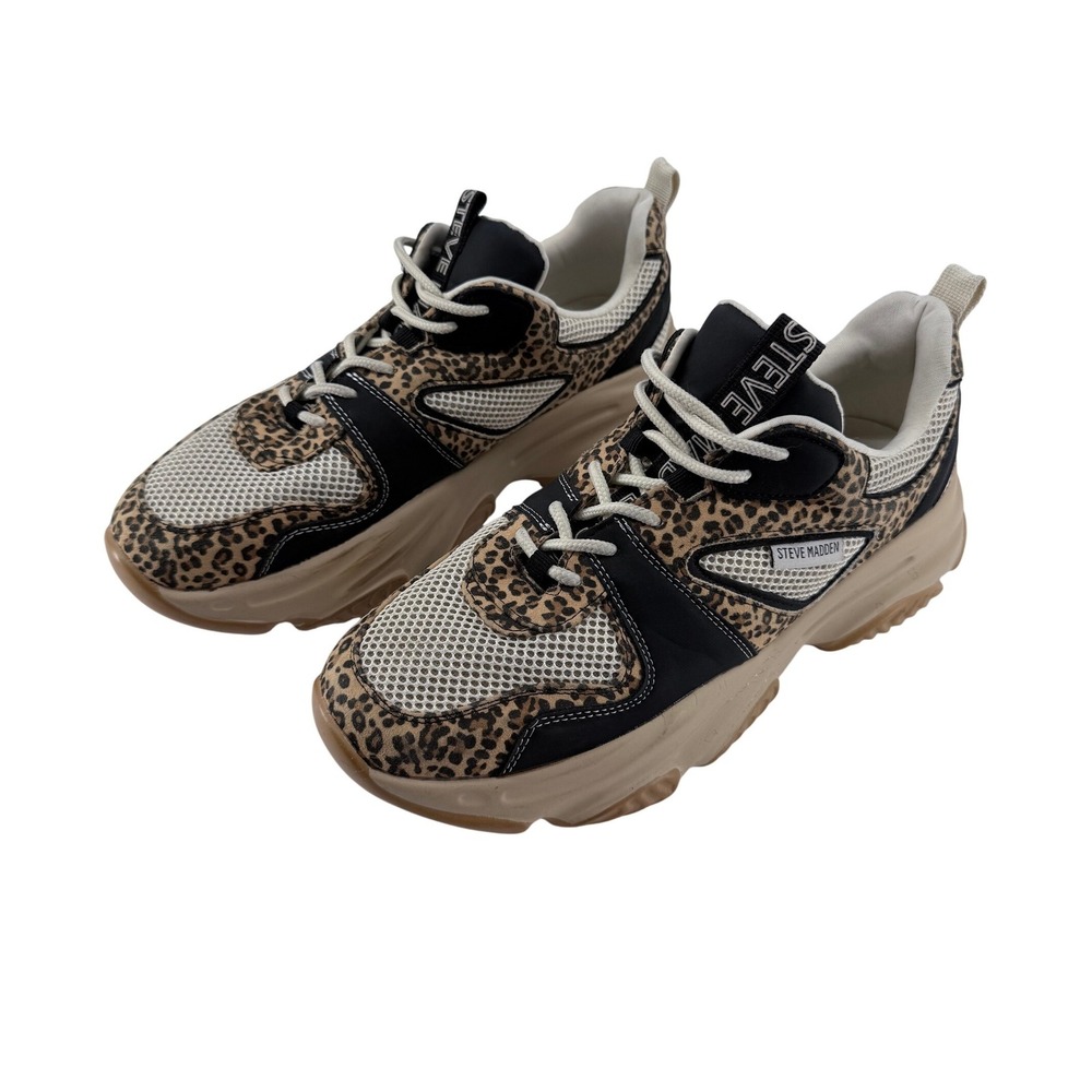 Steve Madden PLIMM Sneaker Womens 10 Tan Black Leopard Textile Chunky Platform